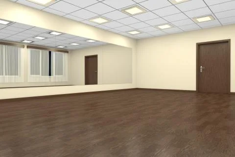 Empty training dance-hall at night with yellow walls, dark wooden parquet flo Stock Illustration