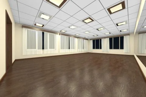 Empty training dance-hall at night with yellow walls, dark wooden parquet flo Stock Illustration
