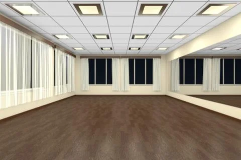 Empty training dance-hall at night with yellow walls, dark wooden parquet flo Stock Illustration