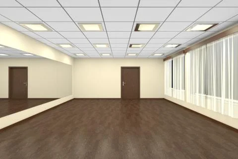 Empty training dance-hall at night with yellow walls, dark wooden parquet flo Stock Illustration