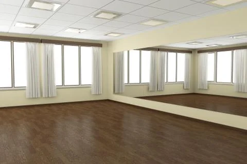 Empty training dance-hall with yellow walls, dark wooden parquet floor, white Stock Illustration