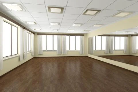 Empty training dance-hall with yellow walls, dark wooden parquet floor, white Illustrazione stock