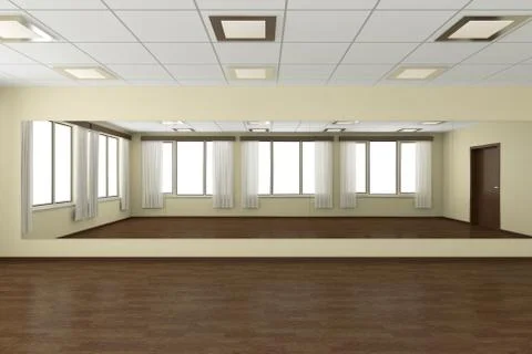 Empty training dance-hall with yellow walls, dark wooden parquet floor, white Illustrazione stock
