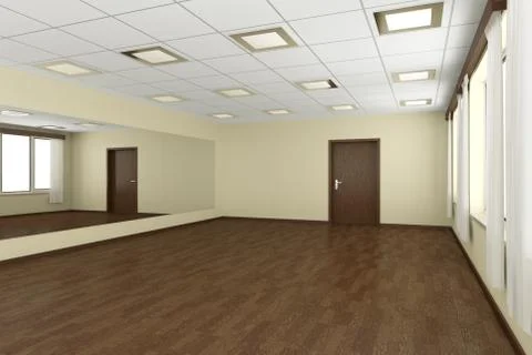 Empty training dance-hall with yellow walls, dark wooden parquet floor, white Stock Illustration