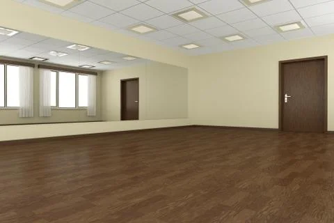 Empty training dance-hall with yellow walls, dark wooden parquet floor, white Illustrazione stock