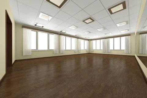 Empty training dance-hall with yellow walls, dark wooden parquet floor, white Illustrazione stock