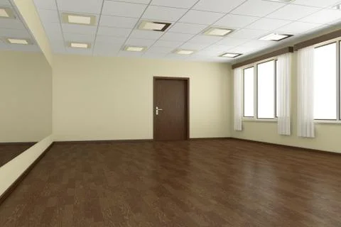 Empty training dance-hall with yellow walls, dark wooden parquet floor, white Illustrazione stock