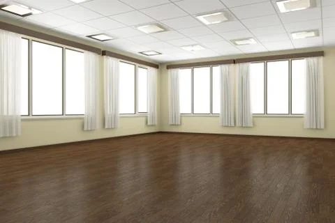 Empty training dance-hall with yellow walls, dark wooden parquet floor, white Stock Illustration