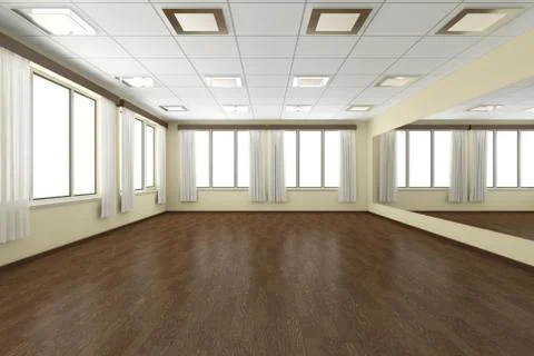 Empty training dance-hall with yellow walls, dark wooden parquet floor, white Stock Illustration