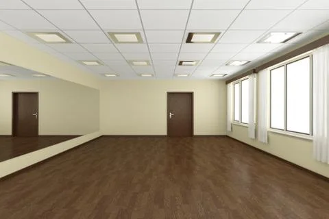 Empty training dance-hall with yellow walls, dark wooden parquet floor, white Stock Illustration