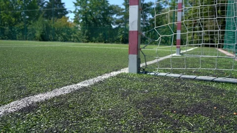 Empty training gate for classic football on green grass playground Stock Footage 126910685