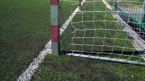 Empty training gate for classic football on green grass playground Stock Footage 126910782