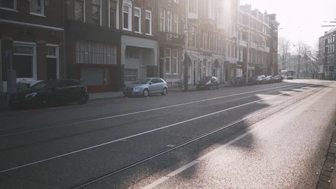 Empty tram passing by in Amsterdam  during coronavirus outbreak Stock Footage 127292489