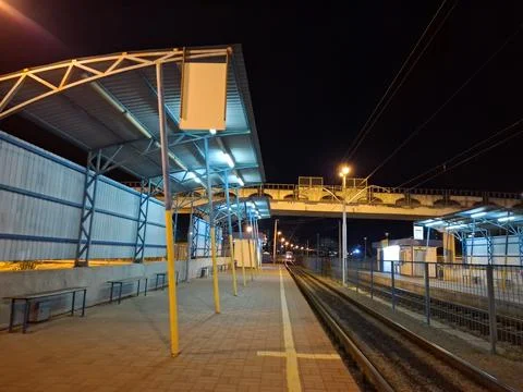 An empty tram stop in the evening Stock-Fotos