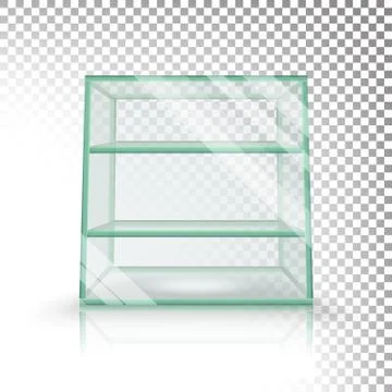 Empty Transparent Glass Box Cube Vector. 3D Realistic Glass Showcase With Illustrazione stock