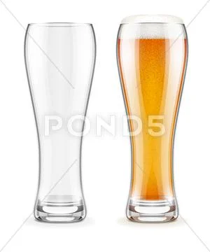Empty transparent glasses and full of beer with white froth Stock Illustration