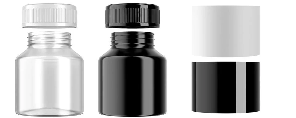 Empty transparent pill jar. Set of transparent jar, lid and separate high light Stock Illustration