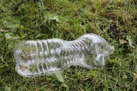 Empty transparent plastic bottle on the grass after the rain. Stock Photos