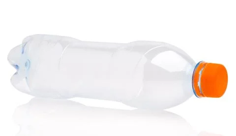 Empty transparent plastic bottle with orange screw cap Foto stock