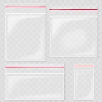 Empty Transparent Plastic Pocket Bags. Blank vacuum zipper bag. polythene Stock Illustration
