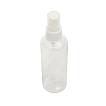 Empty transparent spray bottle on isolated white background. Plastic contai.. Stock Photos