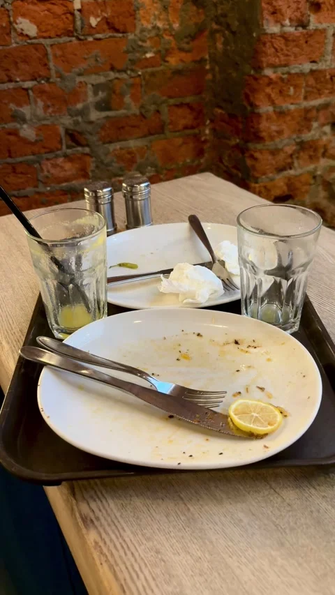 Empty Tray With Lemon Slice Glasses, Used Cutlery And Napkin On Metal Tray Stock Footage 325125305
