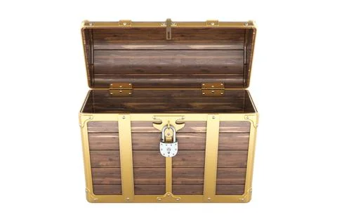 Empty Treasure Chest, front view. 3D rendering Stock Illustration
