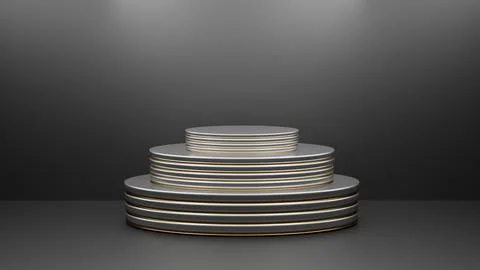 Empty triple oval silver podium with gold accents on a black background. Stan Stock Illustration