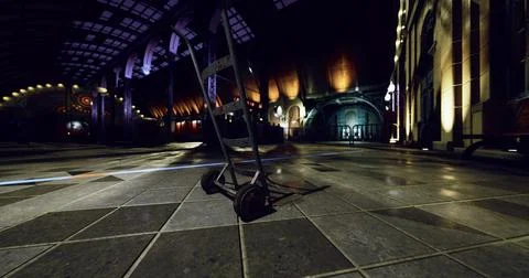 Empty trolley in a dimly lit modern hall during late evening hours 스톡 일러스트