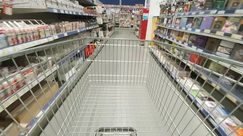 Empty trolley moving in hypermarket Stock Footage 160482455