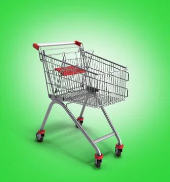 Empty trolley from the supermarket 3d render on green gradient background Illustrazione stock