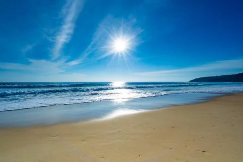 Empty tropical beach and seascape, Beautiful sandy beach and sea in sunny d.. Stock Photos