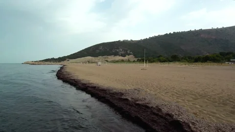 Empty tropical beach on overcast weather during low tide, aerial parallax Stock Footage 131660552