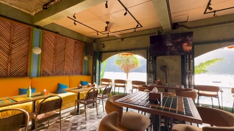 Empty Tropical Beachfront Restaurant Interior with Ocean View in Thailand Видео 328629499