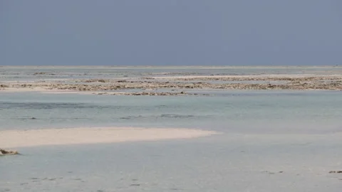 Empty Tropical Island Beach with White Sand and Clear Water in Ocean, Zanzibar Stock Footage 153192172