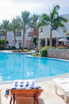 Empty tropical resort background, pool with loungers palm trees Stock Photos
