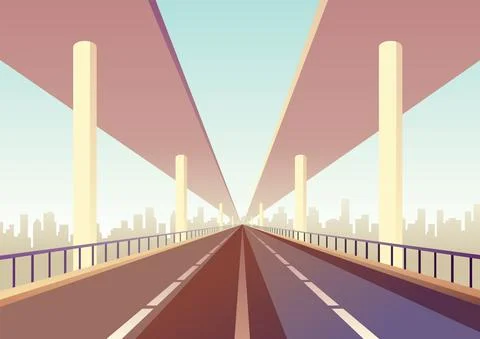 Empty two lavels speed highway. Straight road through to city landscape Stock Illustration