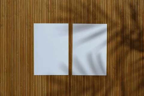 Empty two white posters mockup on wooden wall with natural palm shadows. Bann Stock Photos