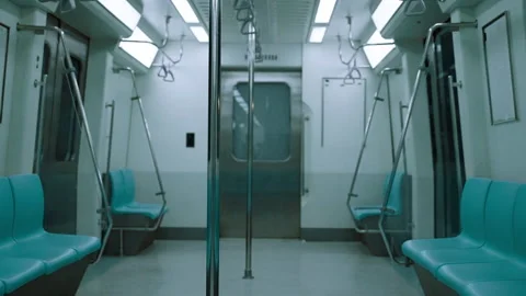 Empty underground electric bogies are free of people due to the COVID-19 Stock Footage 159733372