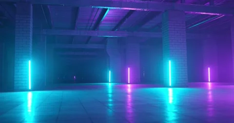 Empty underground hall. The backdrop of hall with concrete walls and neon lights Stock Footage 186273298