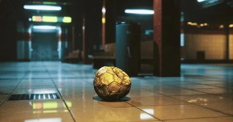 Empty underground space features a lone soccer ball resting on tiled floor 스톡 일러스트