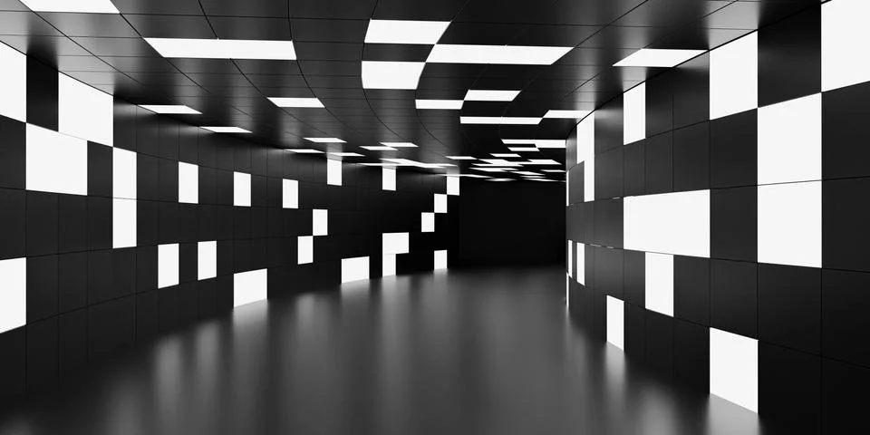 Empty underpass corridor. Dark abstract underground tunnel interior with glowing Stock-Fotos