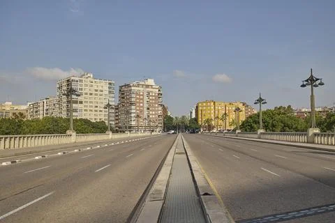 Empty urban bridge crossing Turia Garden in Valencia Spain Stock Photos