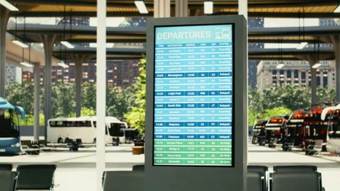 Empty urban bus station with modern illuminated departure board Stock Footage 334728340