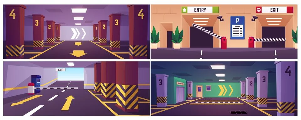 Empty urban underground parking interior vector flat illustrations set, garage Stock Illustration