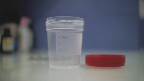 Empty urine container with the lid open on the doctor's desk. urine tests Stock Footage 103523071