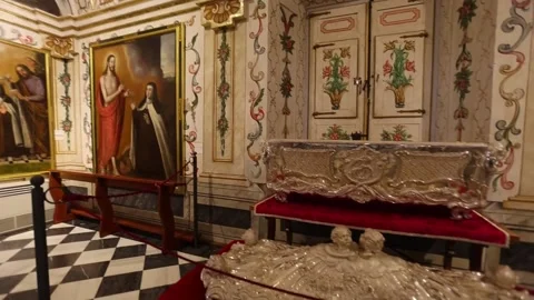The empty urn and tomb of Saint Teresa, displayed for the first time in Alba de  Stock Footage 302747587