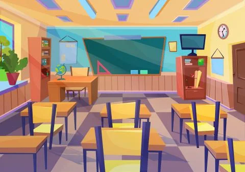Empty vector flat cartoon school class room interior with board desk. 스톡 일러스트