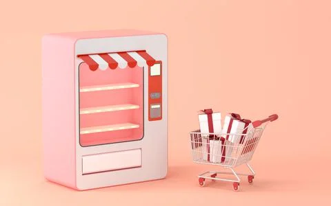 Empty vending machine and presents with pink background, 3d rendering. イラスト素材