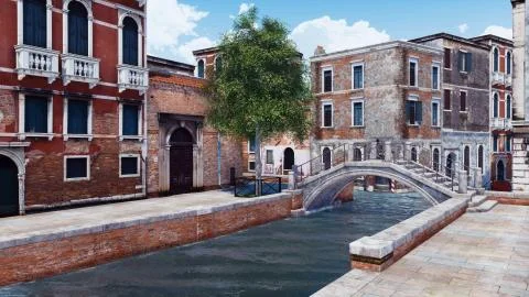 Empty Venice street with ancient bridge over canal Ilustração Stock